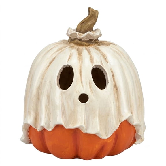 Halloween Ghost Pumpkin Decoration, Large Resin Pumpkin Figurine with Removable Ghost Mask Lid, 2-in-1 Candy Bowl Jar and Tabletop Centerpiece for Home Mantel Party Decor