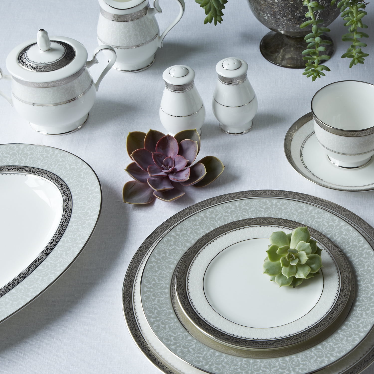 Noritake Odessa Platinum 8.5 In., 12 Fl. Oz.  Platinum  Bone China Soup Bowls Set Of 4 4875 407d