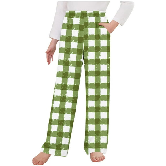 MKOSPLRT Color Block Plaid Pants Kid Toddler Girl Boy High Waist Straight Wide Leg Pants Casual Baggy Holiday Pants with Pocket 4-14 Years