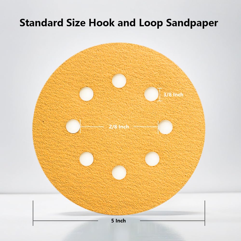 FRKSMD-5 Inch 8 Hole Sanding Discs Hook and Loop50pcs Gold Round Hook and Loop Sandpaper for Random Orbital Sander 180 Grit