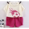 thumbnail image 4 of OSOLU Children Boys Outfits Knit Short Sleeve Football Pattern T-Shirts and Shorts Casual 2 Piece Tracksuit Soft Comfortable Relaxed Holiday Clothing Sets, 4 of 5