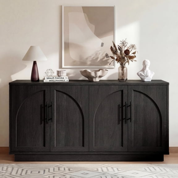 Hotmeily 59" Arched Buffet Cabinet with 4 Doors, Modern Sideboard Credenza with Adjustable Shelves for Dining Room, Living Room, and Entryway, Black Gray