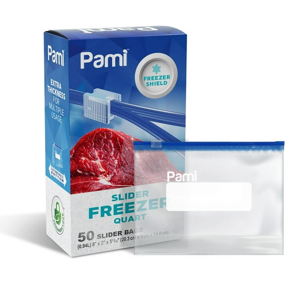 PAMI Quart Freezer Bags with Slider Zipper, Expandable Bottom, 50 count Leakproof Plastic Food Storage Bags