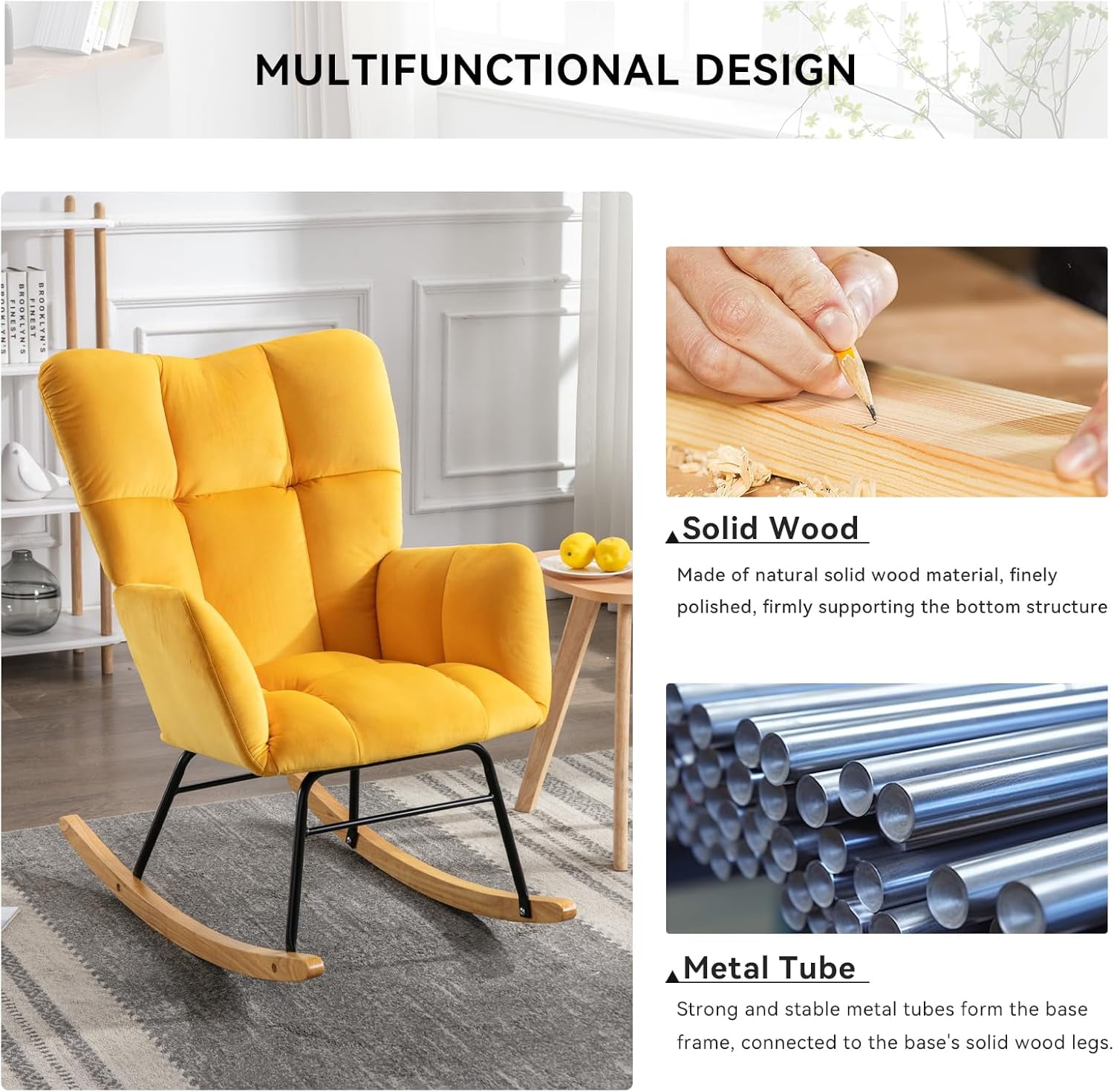 Rocking Chair Nursery Teddy Upholstered Glider Rocker High Backrest Nursery Rocker Comfortable Stylish Accent Armchair for Living Rooms Bedrooms Offices