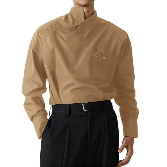 Autumn French Menswear Show Button Long Sleeve Shirt Irregular Lapel Stylish Casual Wear Comfortable Fit Mens Casual Crew Neck Basic Tees
