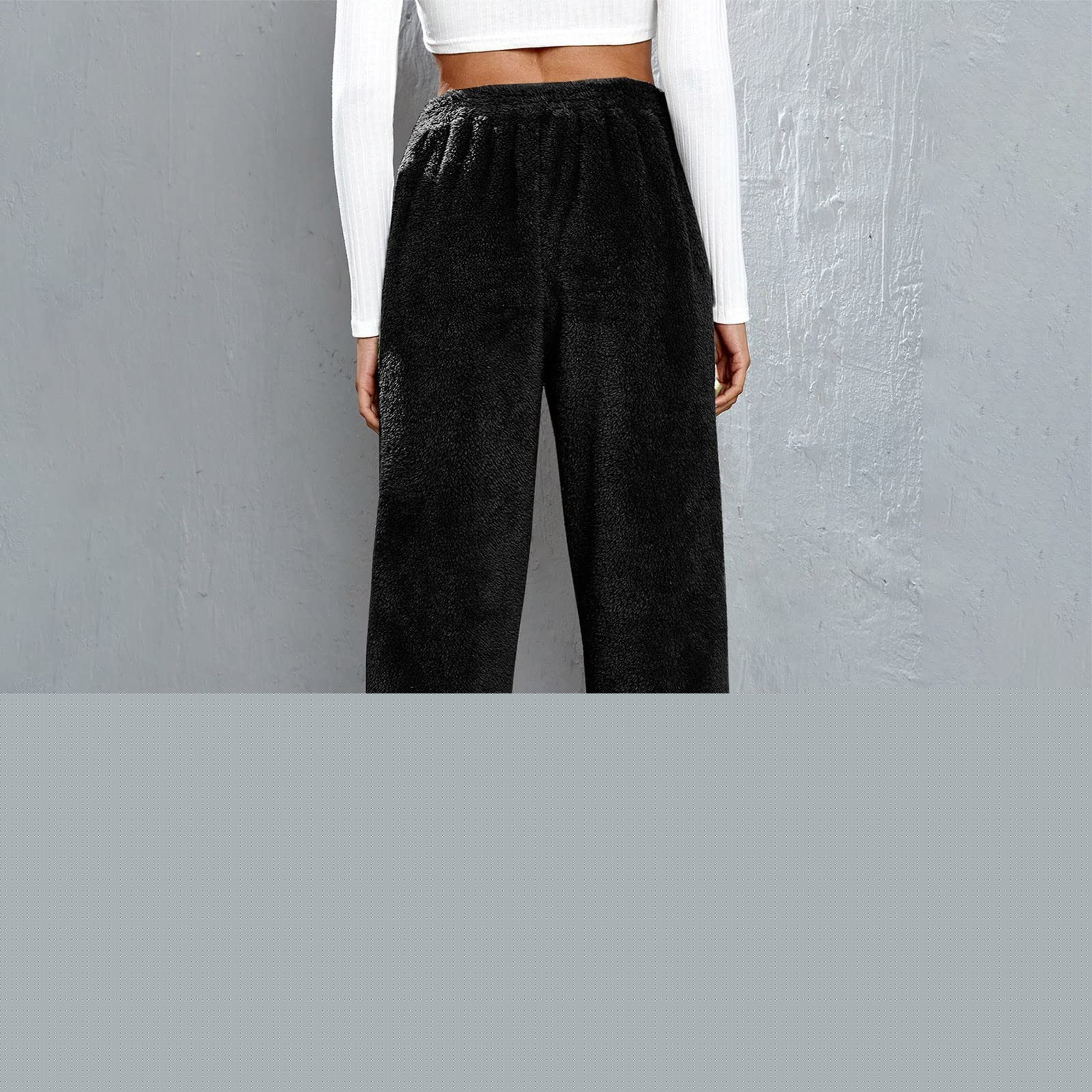 thumbnail image 4 of Women's Faux Lamb Fleece Sweatpants Elastic Waist Drawstring Solid Cuffed Loungewear Joggers with Pockets Black 4XL, 4 of 5