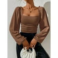 thumbnail image 2 of Women'S Square Neck Long Sleeve Crop Tops Puff Sleeve Ruched Blouse Dark Brown S, 2 of 8