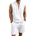thumbnail image 2 of QSAWXQZ Men's Linen 2PC Lounge Set Stand Collar V Neck Sleeveless Loose Top Elastic Waist Shorts with Pocket Beach Outfit Casual for Summer M, 2 of 9