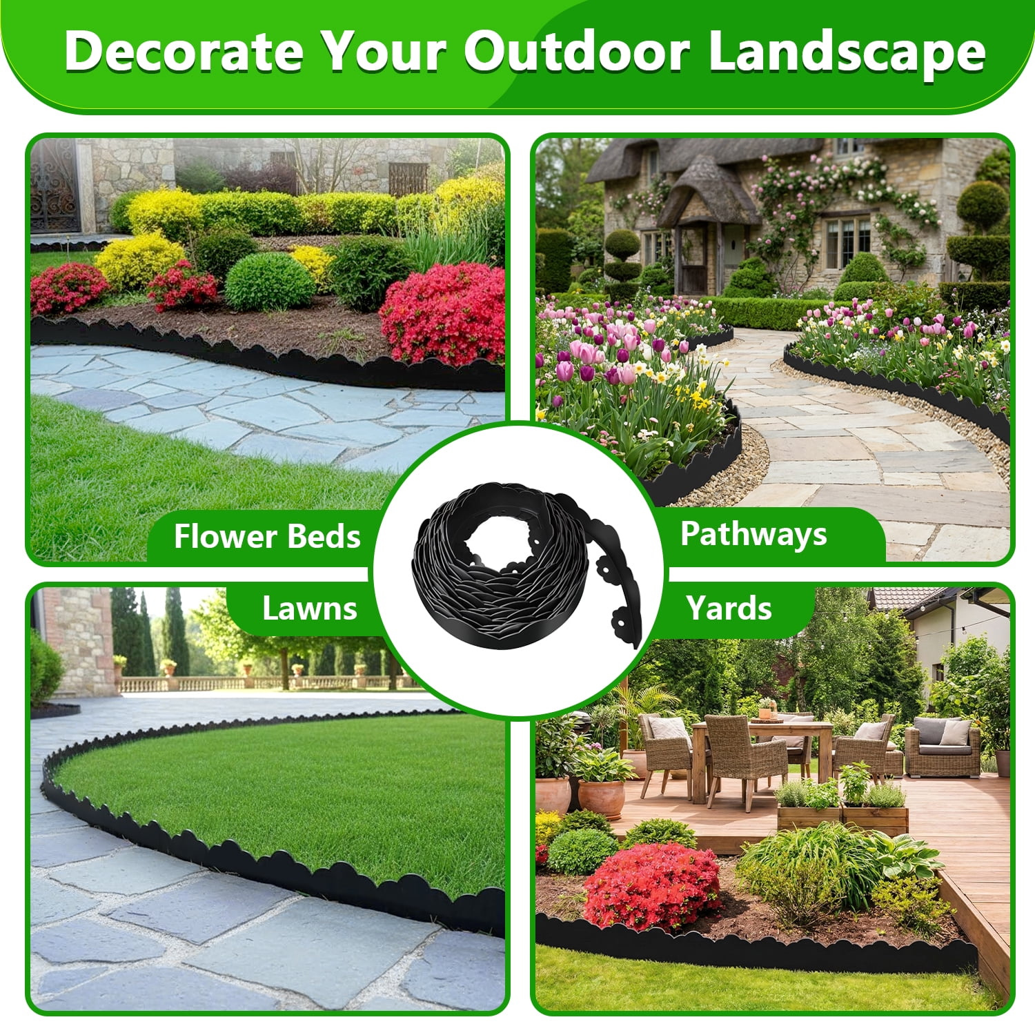 40FT Garden Edging, Heavy‑Duty Landscape Edging Border Kit with Elegant Cloud Design and 48 Anchoring Pegs, Paver Edging for Gardens, Lawn, Black