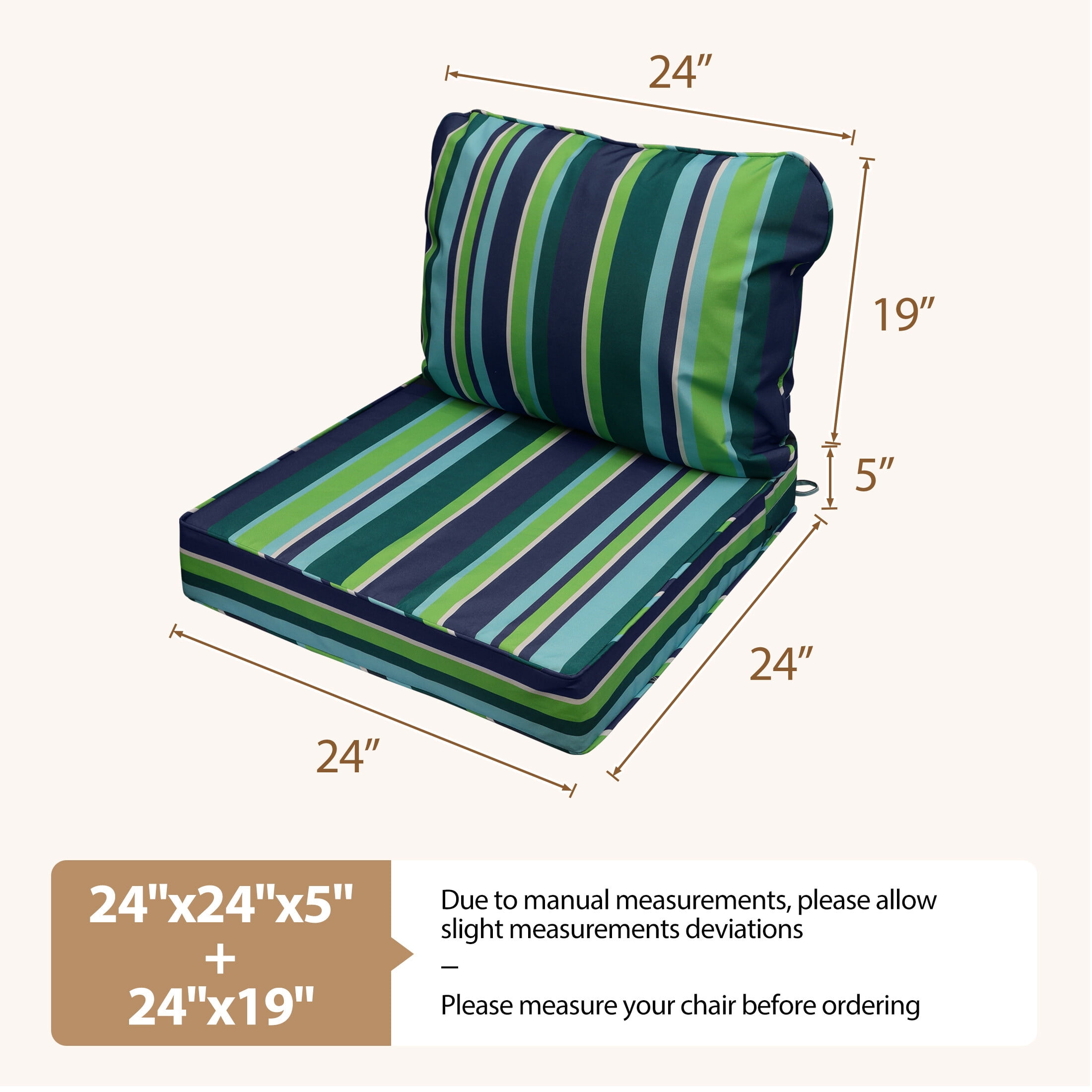 24 x 24 Waterproof Outdoor Deep Seat Cushion for Patio Furniture Cushion Replacement, Blue Green Stripes