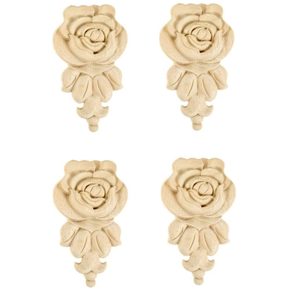 shiyou-Rose Wood Carved Appliques Onlay, 4-Pack Unpainted Wooden Mini Decals for Cupboard Cabinet Wall Dresser Bed Mirror Mantels Fireplace Wardrobe Decor(10x6cm/3.94x2.36in)