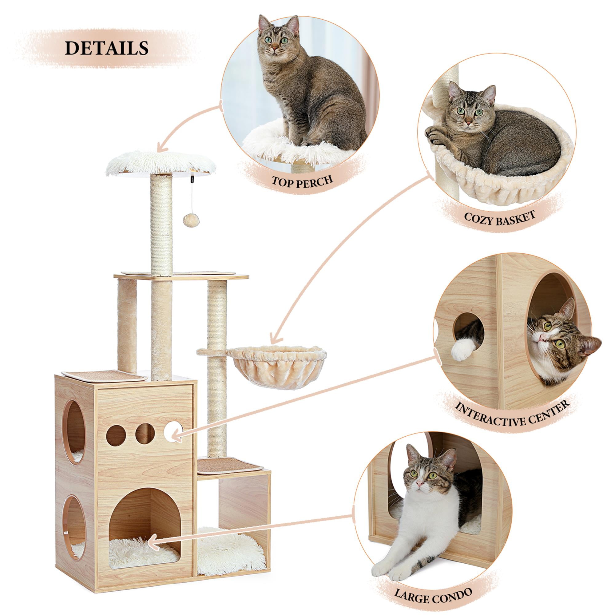resenkos 51" Cat Tower for Large Cats Modern Wooden Cat Tree Multi-Level Cat Tree Tower Cat Sky Castle with Cozy Cat Condos, Beige