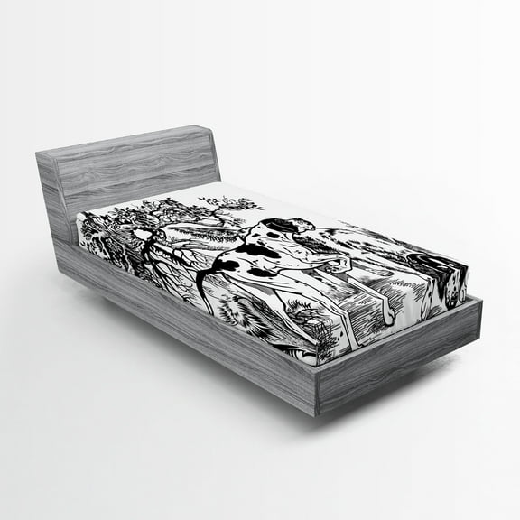 Ambesonne Hunting Fitted Sheet, Dogs in Forest, Twin Size, Black White