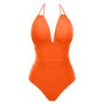 thumbnail image 6 of CFLVAEK Black One Piece Swimsuits for Women Tummy Control Double Straps Halter Bathing Suits Solid Color V Neck Cheeky Swim Suits Summer Backless Beachwear with Padded Orange S, 6 of 7