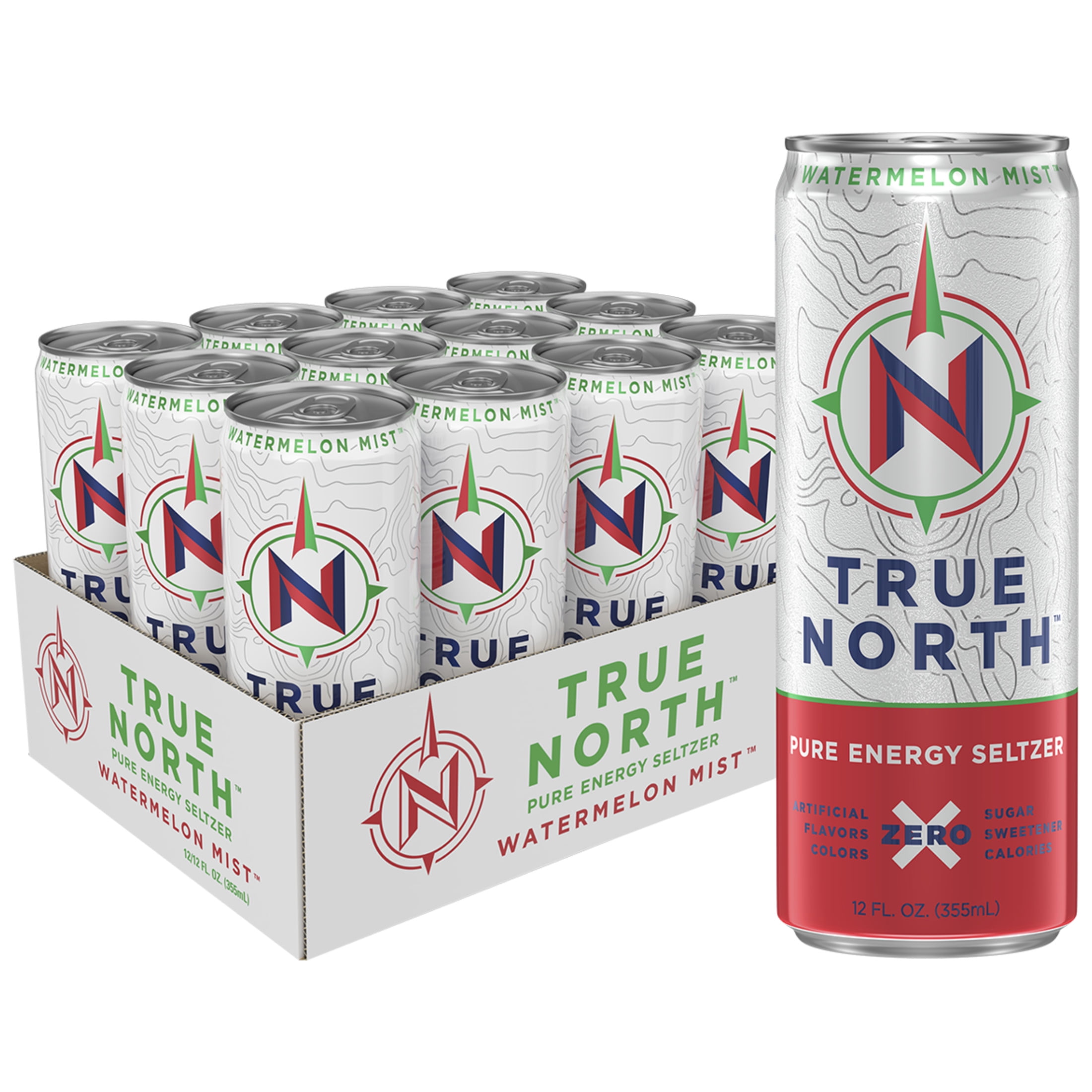 True North Pure Energy Seltzer, Watermelon Mist, 12 fl oz, 12 cans