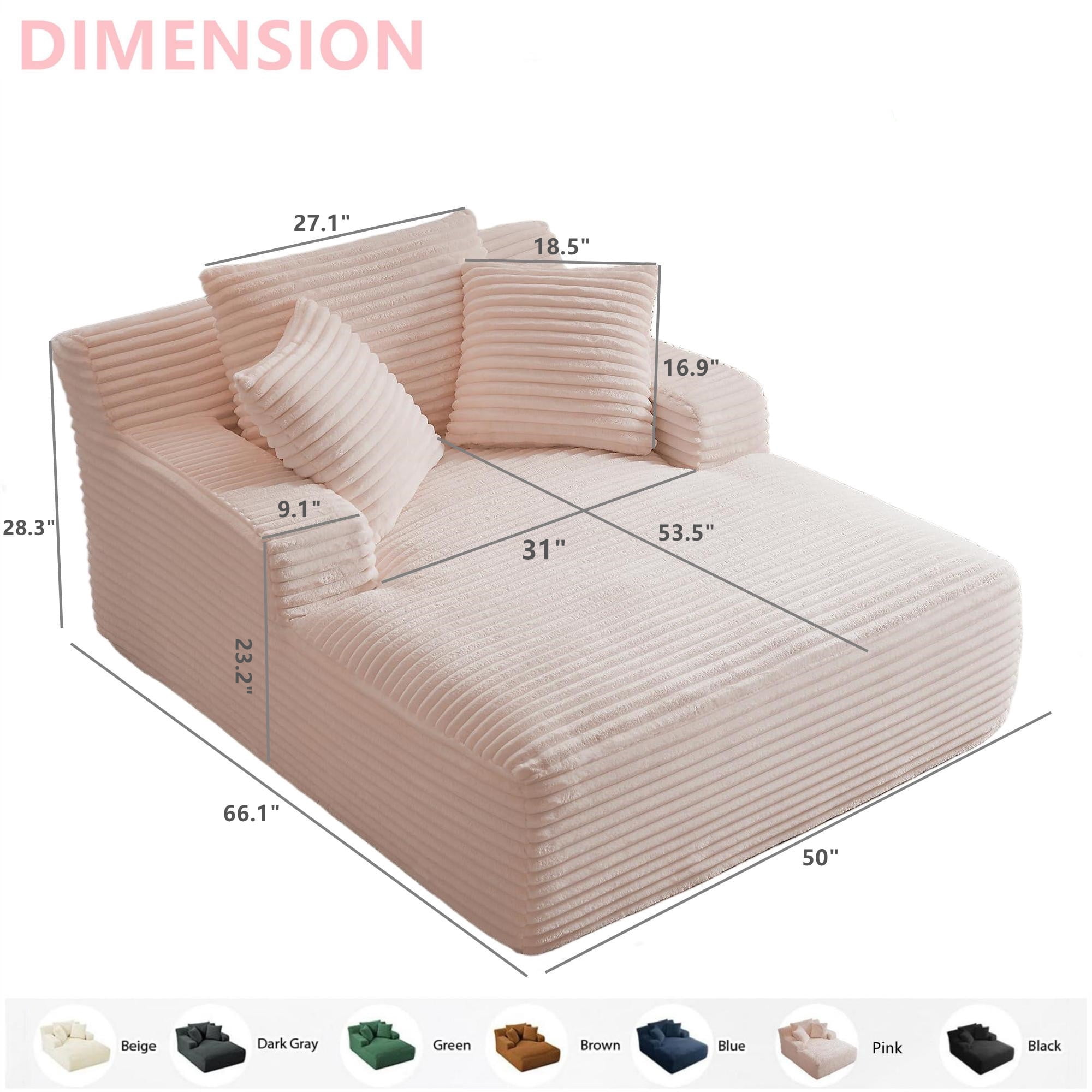 Aukfa 66" Oversized Chaise Lounge Indoor Chair Boneless Couch for Living Room Bedroom, 3Pillows, Pink