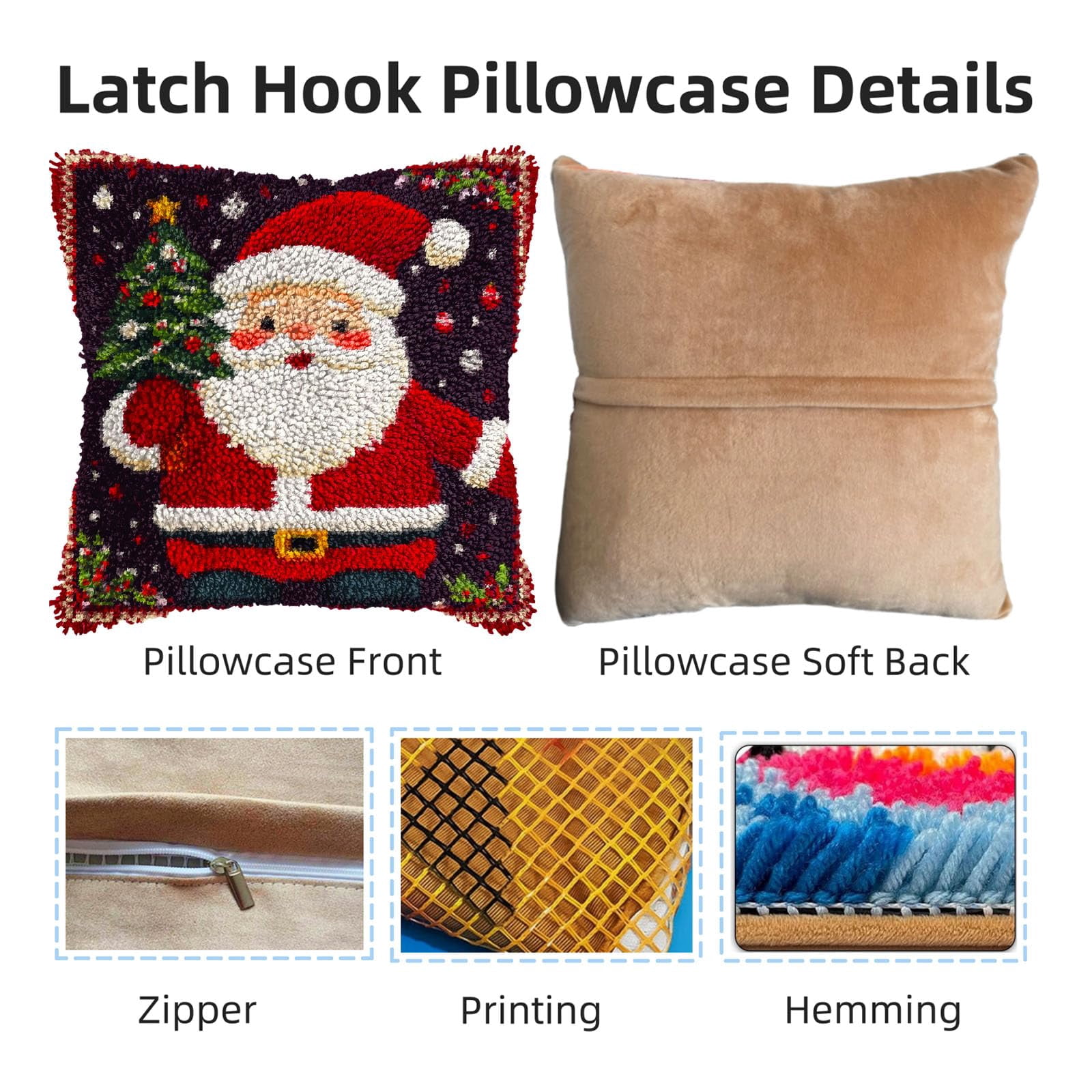 DIY Latch Hook Pillow Kits Cartoon Santa Claus Holding Christmas Tree Printed Pillowcase Crochet Yarns Hooking Handmade Pillow Cover Cushion for Home Sofa Decoration 17x17inch-3