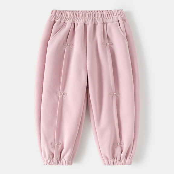 ITSAME Girls Casual Sweatpants, Cotton Bow Elastic Waist Tapered Pants with Pockets Pink 7T