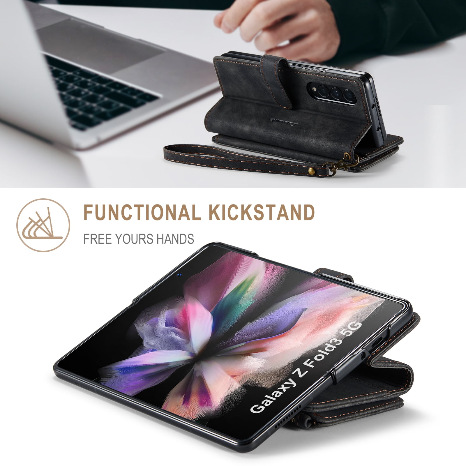 Dteck for Samsung Galaxy Z Fold3 Case, Heavy Duty PU Leather Card Wallet Case with Wrist Strap, Black