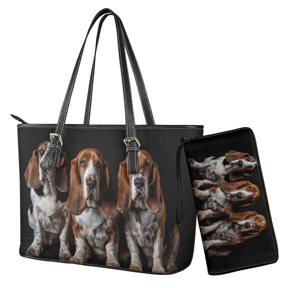 Tutolipy Basset Hound Printed Handbag with Wallet Set,Waterproof Wristlet Wallet Purse Set,Womens Tote Bags Top Handle Totes,Gifts for Mom