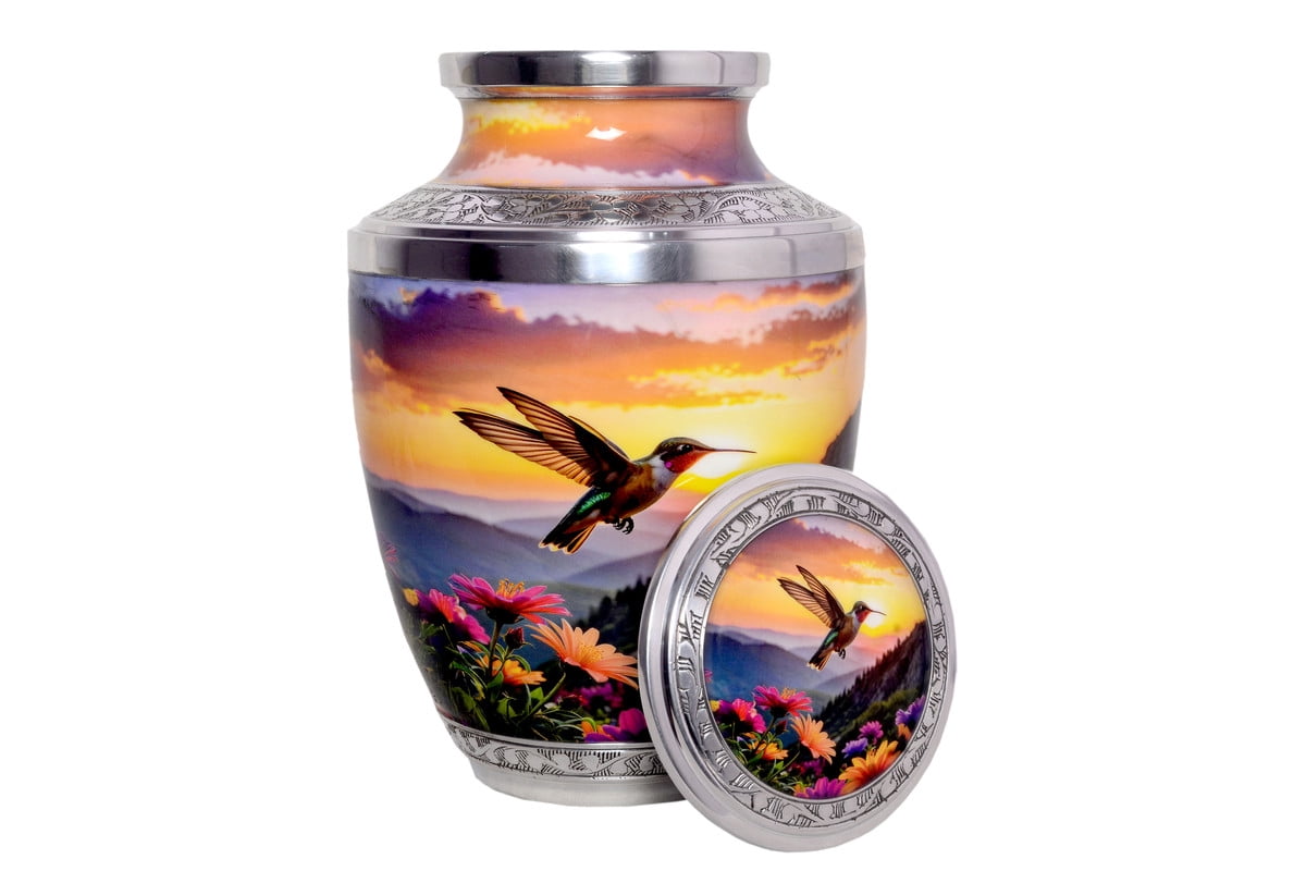 Premium Hummingbird Cremation Urn for Adult Ashes – Floral Engraved Metal Urn for Human Ashes up to 200 lbs
