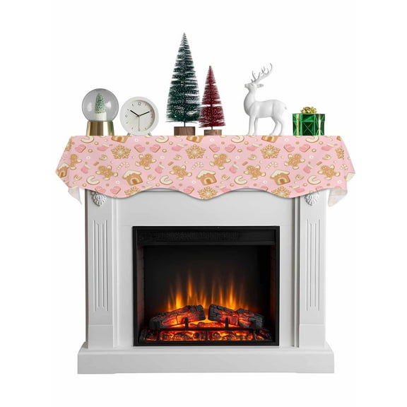 Pink Christmas Mantel Scarf Fireplace Decorations for Living Room, Xmas Gingerbread Winter Cane Candy Snowflakes Fireplace Mantel Scarf Cover Runner for Thanksgiving/Christmas Decor 60"x17"