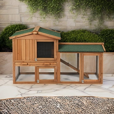 Pefilos 58" Wood Bunny Cage, 2 Layers Outdoor Rabbit Hutch, Pet Cage Chicken Coops with Run, Orange