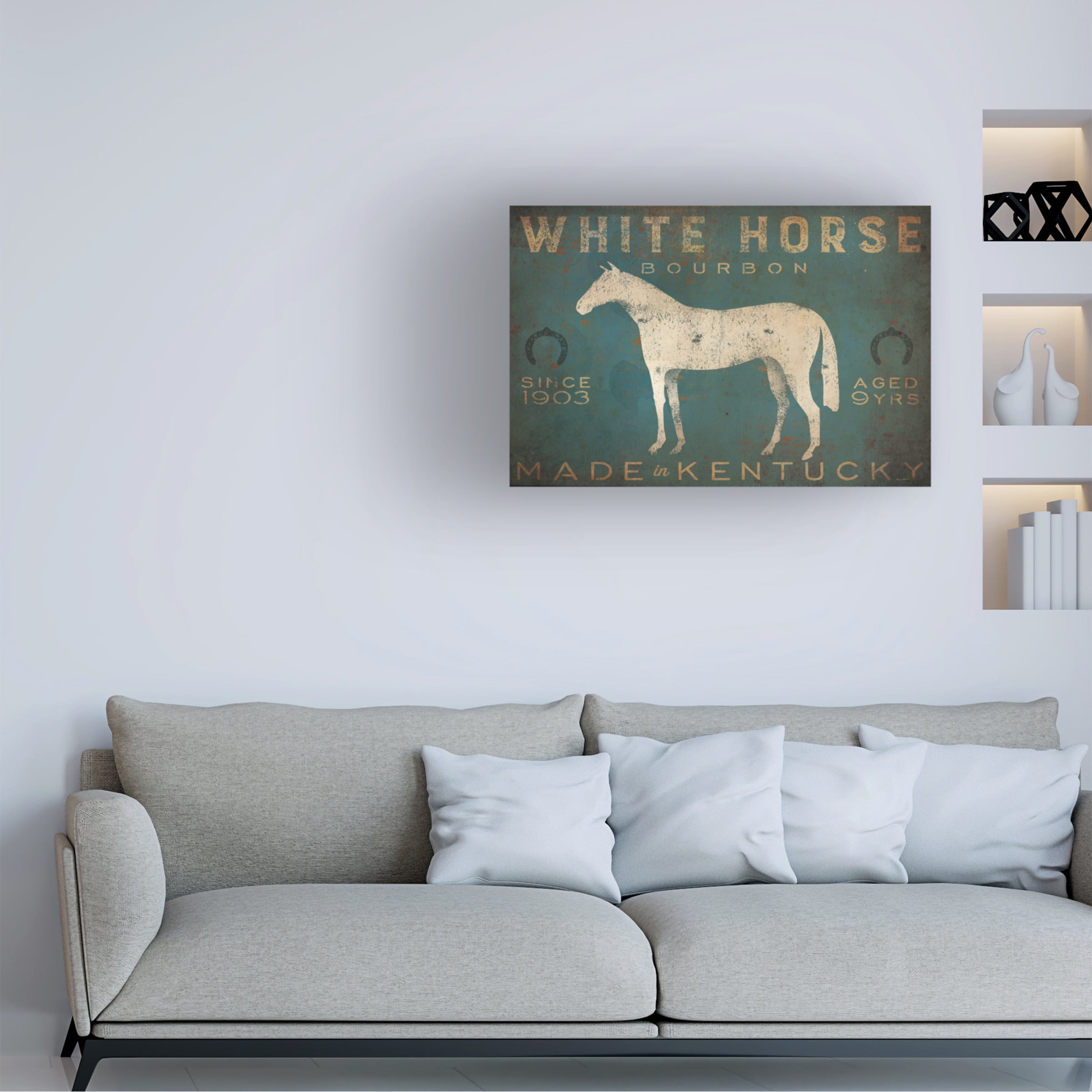 Ryan Fowler 'White Horse With Words Blue' Canvas Art