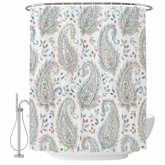 Light Green Flower Shower Curtain, 36" x 72", Watercolor Abstract Paisley Bohemia Texture Waterproof Bathroom Curtain Washable Shower Curtain Set with 12 Hooks