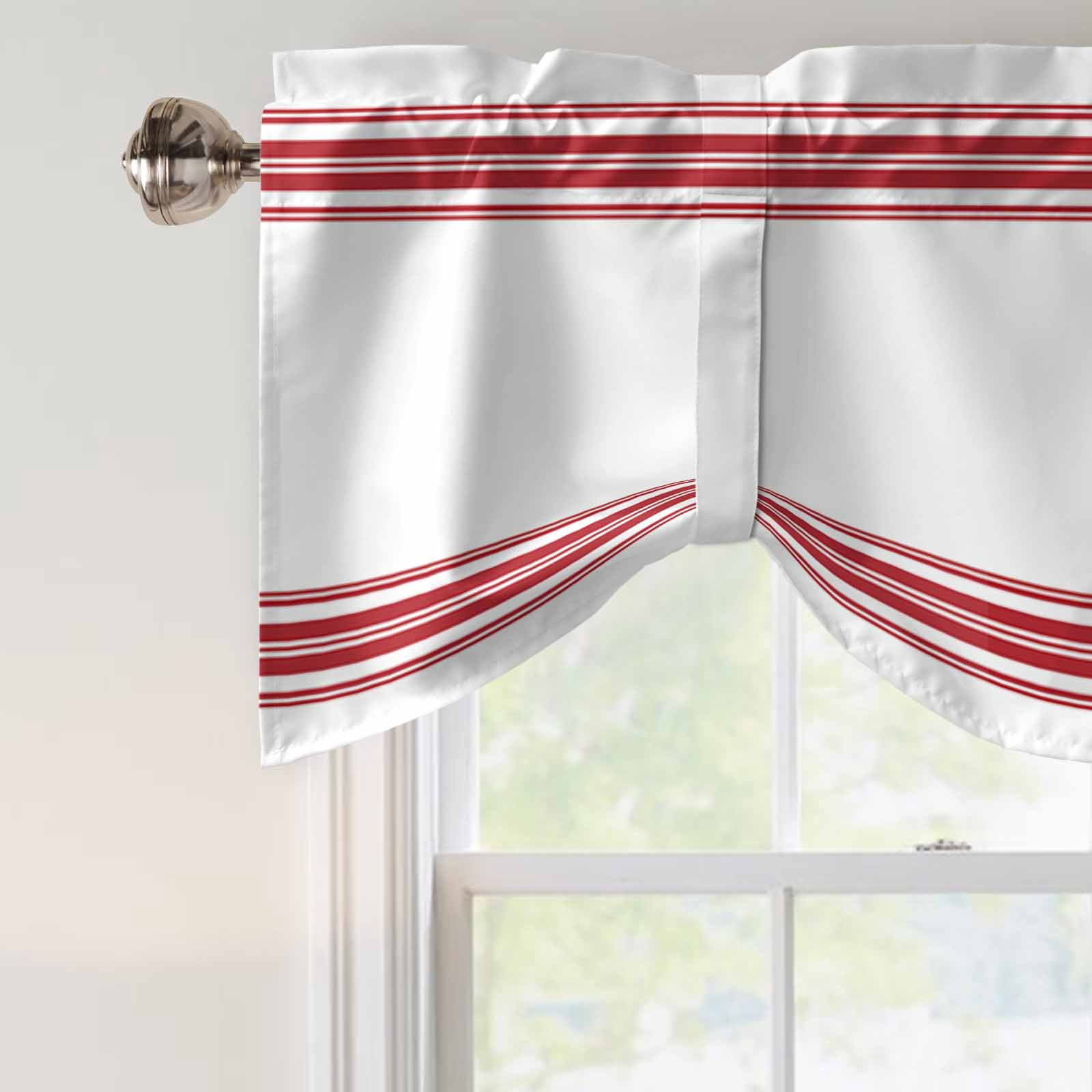 Farmhouse Red Tie Up Valances Curtain, Adjustable Kitchen Stripes Decoration Valances for Windows Decor, Rod Pocket Short Curtains Set for Bedroom/Bathroom, 60"x18"