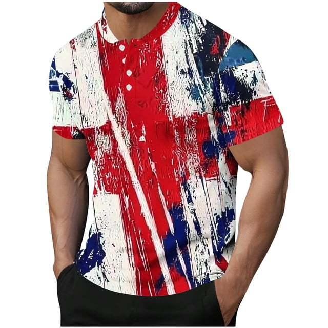 Top Casual Impreso de los Hombres, Camiseta de Cuello Redondo Botón de Manga Corta de Moda para Uso Al Aire Libre Y Diario, Camiseta de Invierno Cómoda