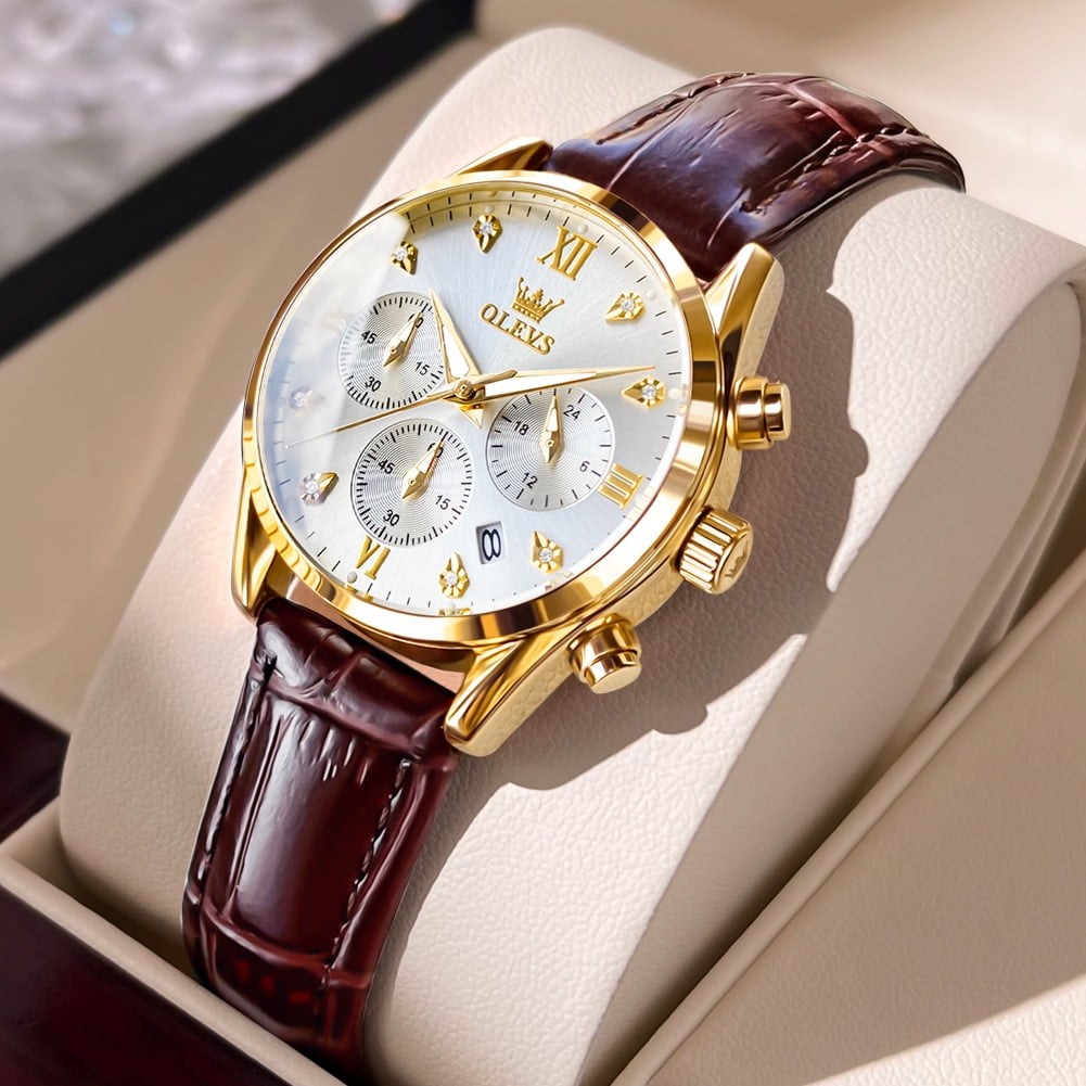 OLEVS Watches for Womens Brown Leather Strap Analog Quartz Rose Gold Fashion Casual Dress Multifunction Chronograph Diamond Date Waterproof Luminous Ladies Watches Relojes para Mujer