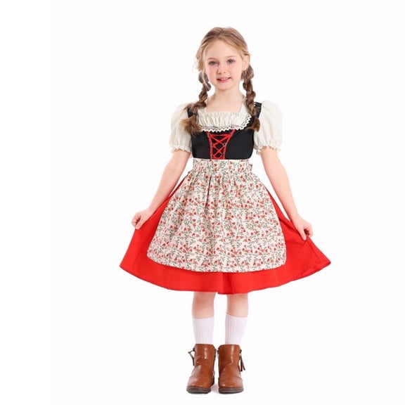 Odeerbi Kids Girls Dirndl Dress Short Sleeve Floral Oktoberfest Apron Dress with Headbands