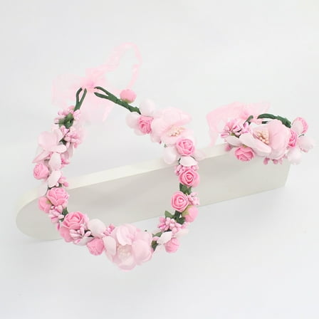 Floral Crown Wrist Bands Set For Women | Wedding Hair Accessories | Adjustable Hair Crowns for Women, Flower Crown | Headbands with Ribbon Garland Wristbands | Accessories for Weddings, Parties, Pink