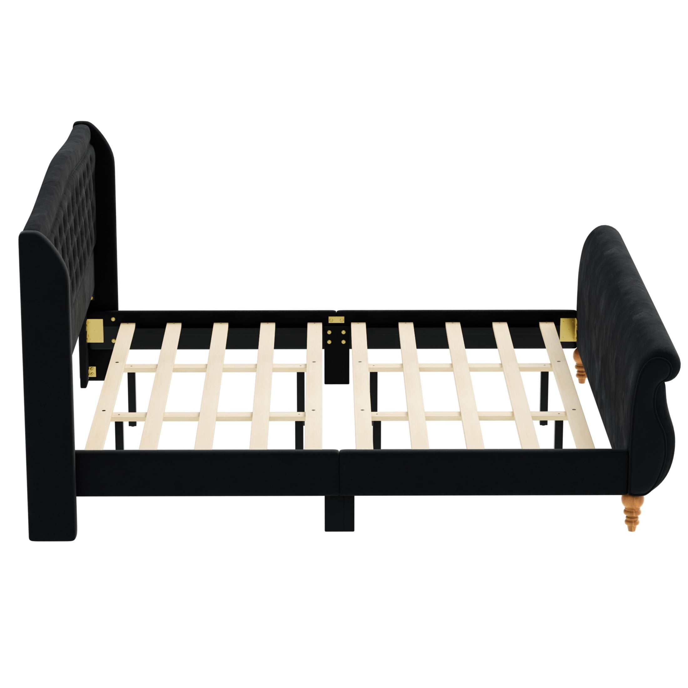 GDF Studio Orlan King Size Velvet Upholstered Sleigh Platform Bed Frame with Wood Slat Support, Modern Design, Black