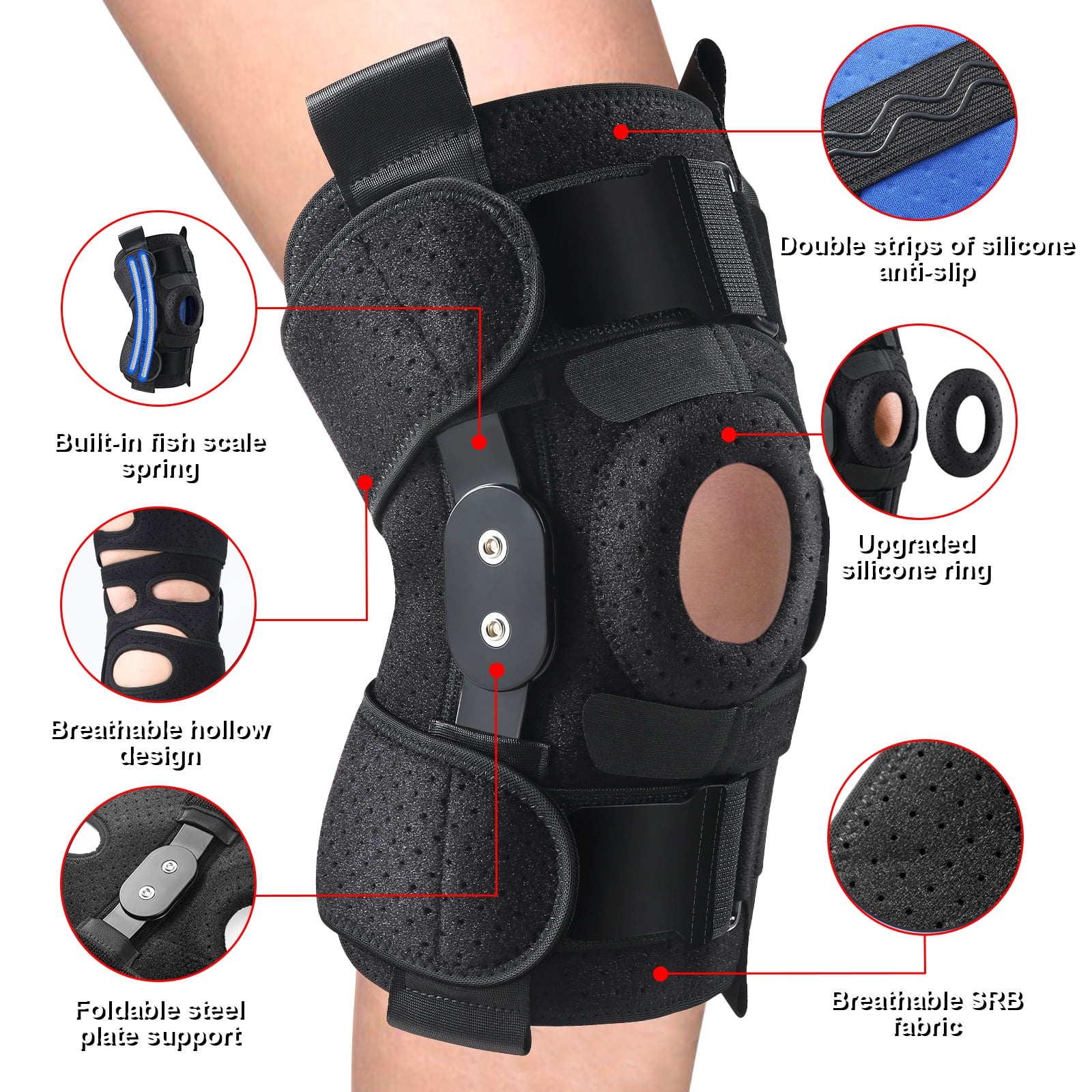 Hinged Knee Brace with Side Stabilizers Adjustable Knee Compression Sleeve Relieves Meniscus Tear,ACL,MCL,Knee Support and Knee Pain Relief,Men & Women - Black One Size Fits Most