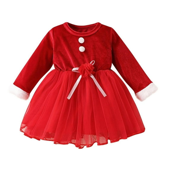 Odeerbi Infant Girls Christmas Velvet Tulle Dresses Spring Fall Cute Long Sleeve Cotton Dress Fashion Solid Color Casual Mesh Dress Infant Girls Clothes
