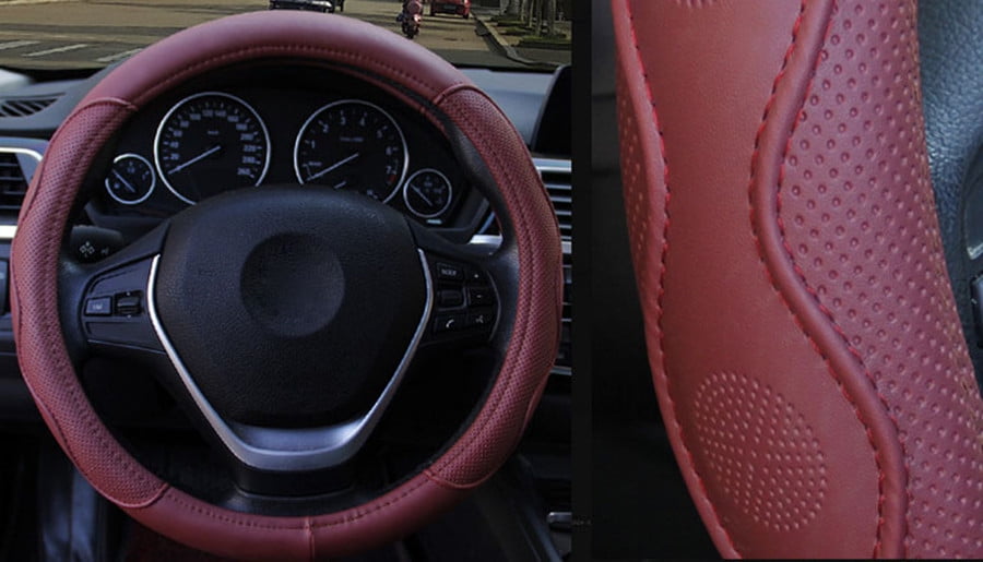 38cm Steering Wheel Cover For Most Car Burgundy Dynamic Fiber Leather
