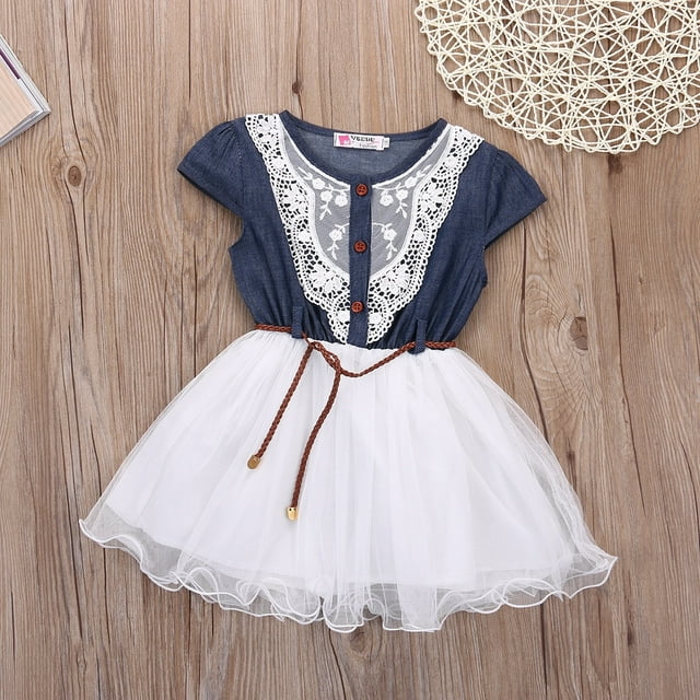Robe de Fête en Denim pour Bébés Filles, Dentelle Florale Tulle Tutu, Robe d'Été Décontractée