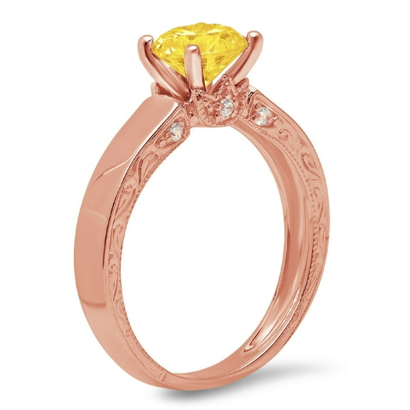 1.06 ct Round Cut Simulated Yellow Diamond Solitaire with Accents Engagement Ring for Women in 14K Rose Gold