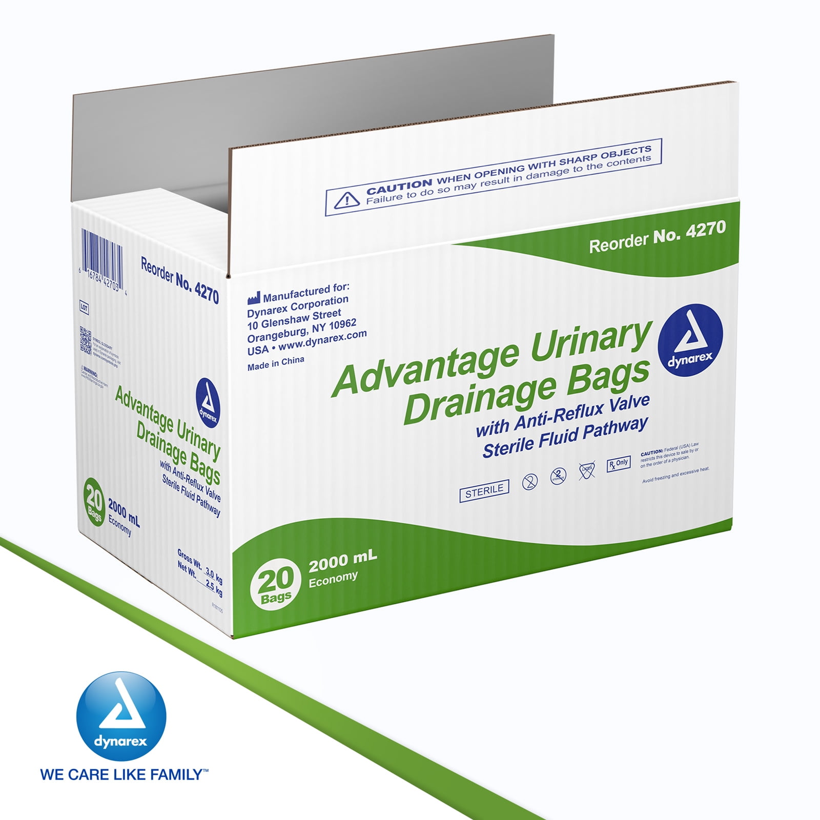 Dynarex Advantage Urinary Drainage Bag, Teardrop-Shaped Urine Bags for Men & Women, Anti-Reflux Chamber, No-Needle Sample Port, Universal Hanger, Vinyl Urinary Bags with Markings, 2000ml, 20 Count