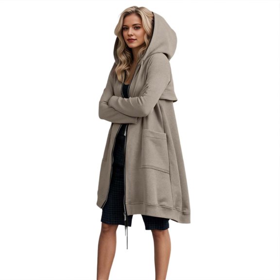 DHFJKG Womens Zip Up Long Hoodies Solid Color Mid-Length Hooded Jacket With Pockets Winter Leisure Coat