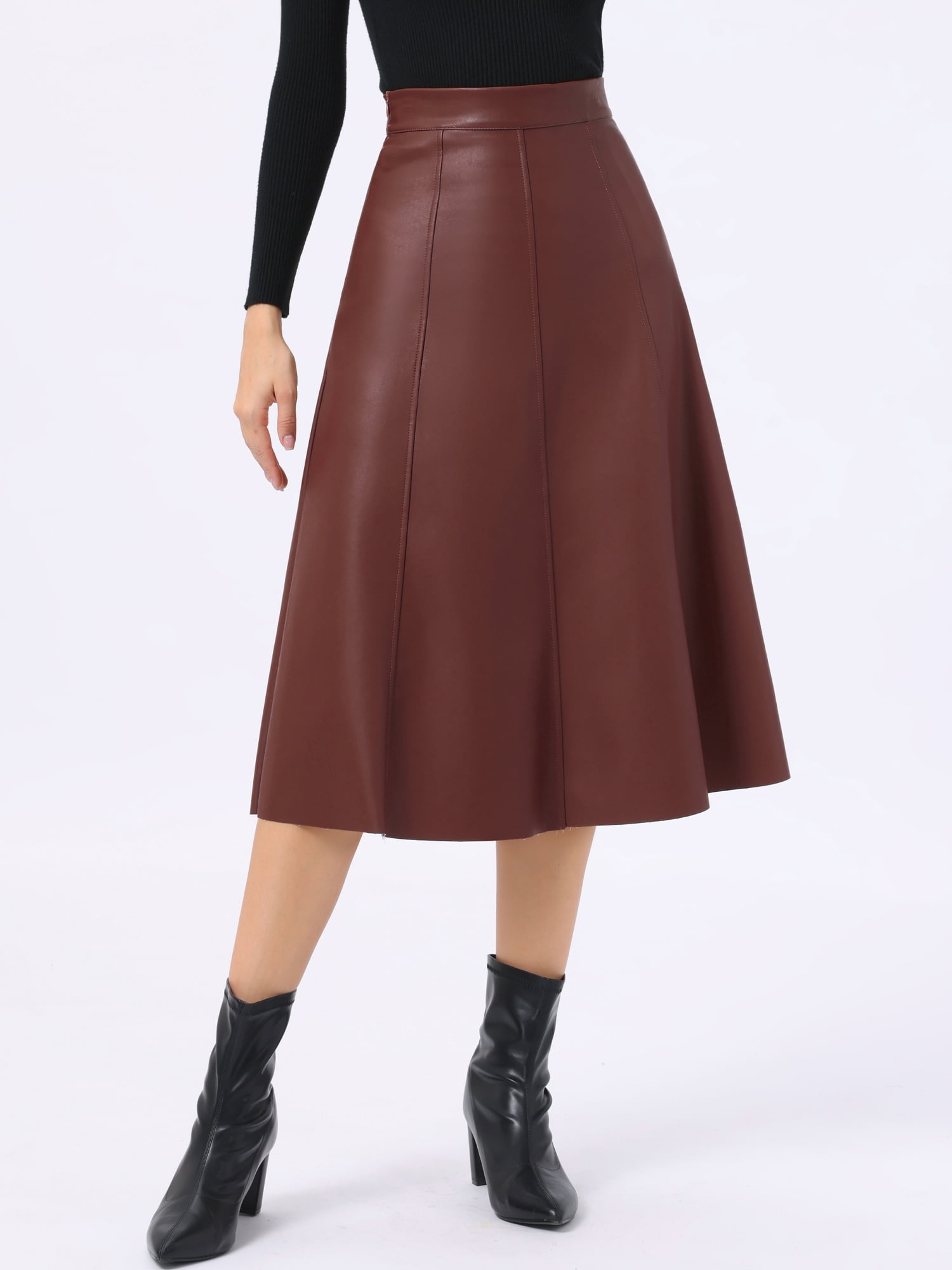 DARING DIVA Women's Vintage A Line Faux PU Leather Midi Skirts X-Small Burgundy