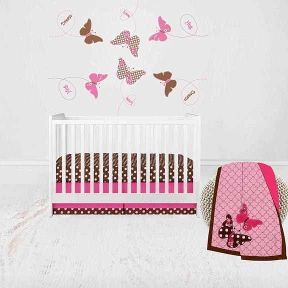 Bacati - Butterflies 3-Piece Crib Bedding Set - Pink/Chocolate Girls