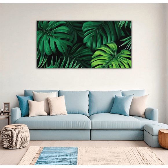 Erosebridal Green Palm Tree Paintings Wall Decor Bedroom, Tropical Jungle Poster Prints 48x24, Botanical Leaves Wall Decorations for Living Room 48x24, Stylish Living Room Decoration