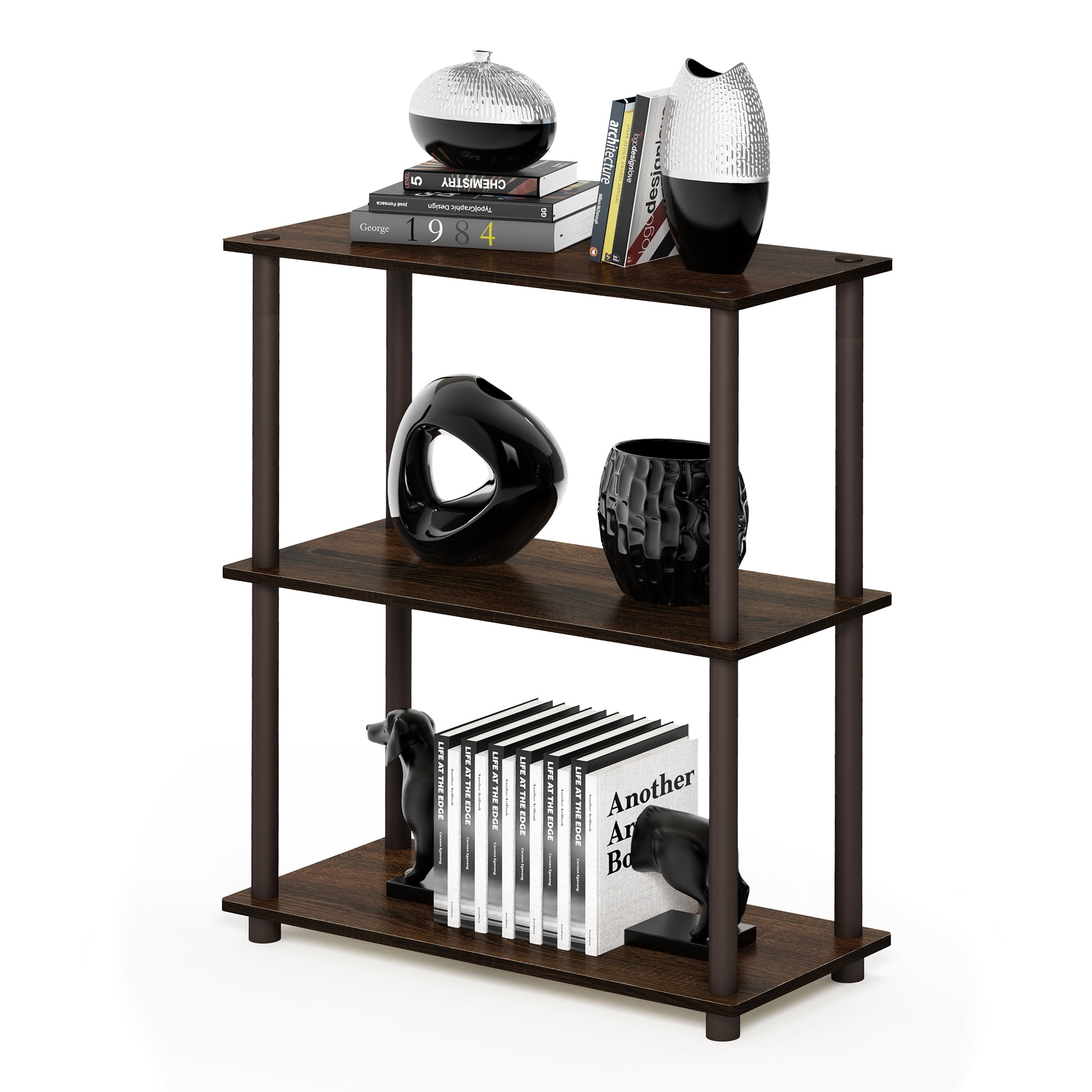 Furinno TURN-N-TUBE Storage Shelves, 3-Tier Book Shelf, Corner Shelf, Toolless Open Shelves, for Organization and Storage, Living Room, Bedroom, Entryway, Laundry, Black Walnut