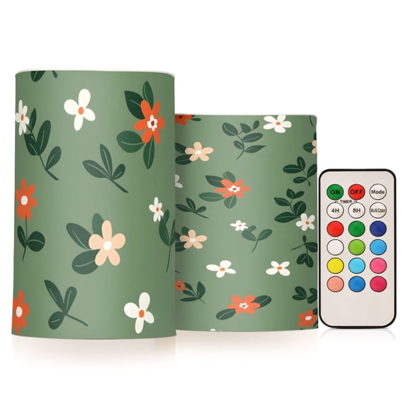 Flowers with Leaves Flickering Flameless Candles Battery Operated with Remote Timer LED Pillar Candles Set of 2