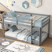 Bunk Bed Twin Over Twin, Low Twin Size Floor Bunk Beds with Ladder, Solid Wood Junior Bunk Bed for Bedroom, No Box Spring Needed-Gray