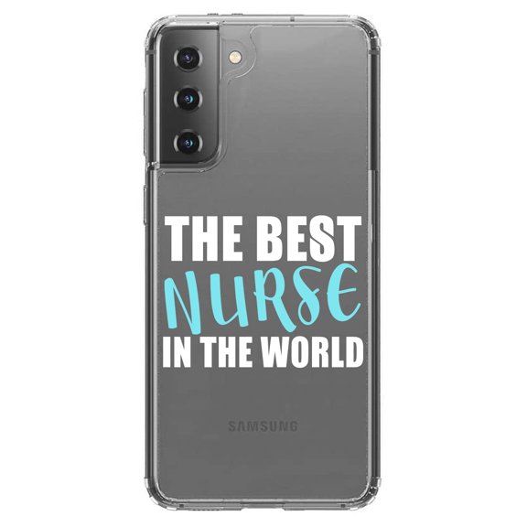 DistinctInk Clear Shockproof Hybrid Case for Galaxy S21 5G (6.2" Screen) - TPU Bumper Acrylic Back Tempered Glass Screen Protector - The Best Nurse In The World