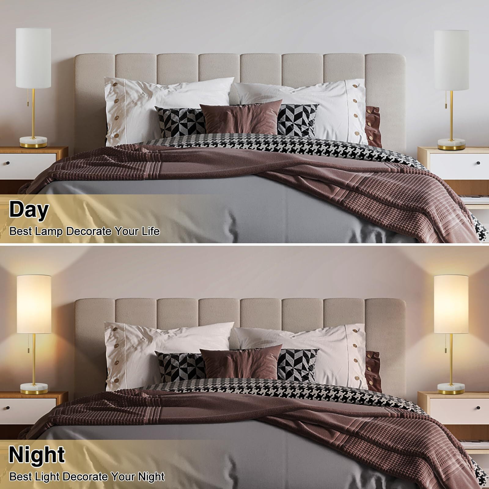 NATYSWAN Minimalist Table Lamp Set of 2, Nightstand Lamp for Bedroom Living Room, Modern Pull Chain Bedside Lamp with Marble Base, Fabric Shade, Small Desk Lamp for Home, Office, Reading